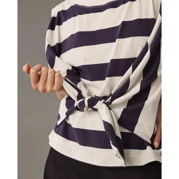 Anthropologie Maeve Tie Front Wrap Tee Shirt Size L Navy White Rugby Striped - Picture 4 of 14